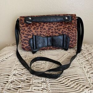 Call It Spring Fuzzy Leopard Print Black Faux Leather Shoulder Handbag Purse